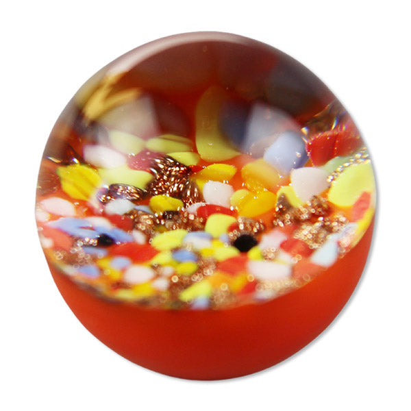 Kraftmurmel aus Muranoglas (orange mit Konfetti-Steinchen) 25mm, in hochwertigem Stoffbeutel mit Stickerei