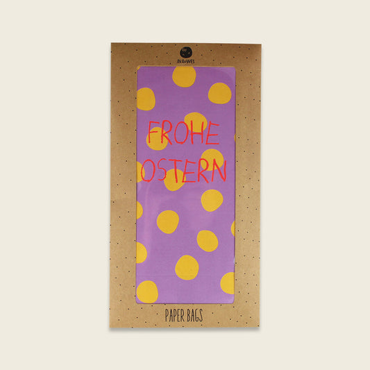Papiergeschenktüte Punkte gelb/flieder – Frohe Oster, Ava & Yves