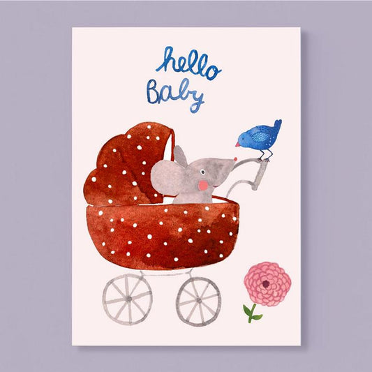 Frau Ottilie, Karte zur Geburt *Hello Baby* mit Maus im Kinderwagen