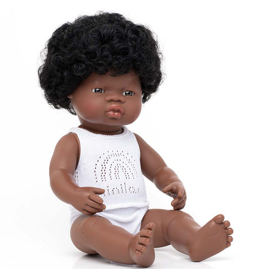 Puppe afrikanisch, schwarze Locken, Junge, 38cm, Miniland