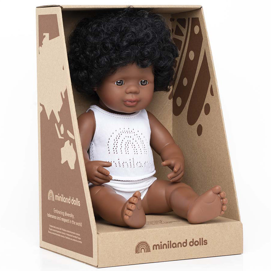 Puppe afroamerikanisch, schwarze Locken 38cm, Mädchen, Miniland