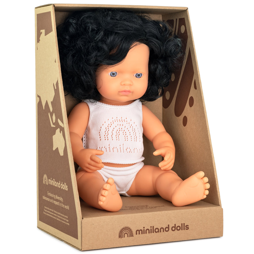 Puppe schwarze Locken, blaue Augen, 38cm, Miniland