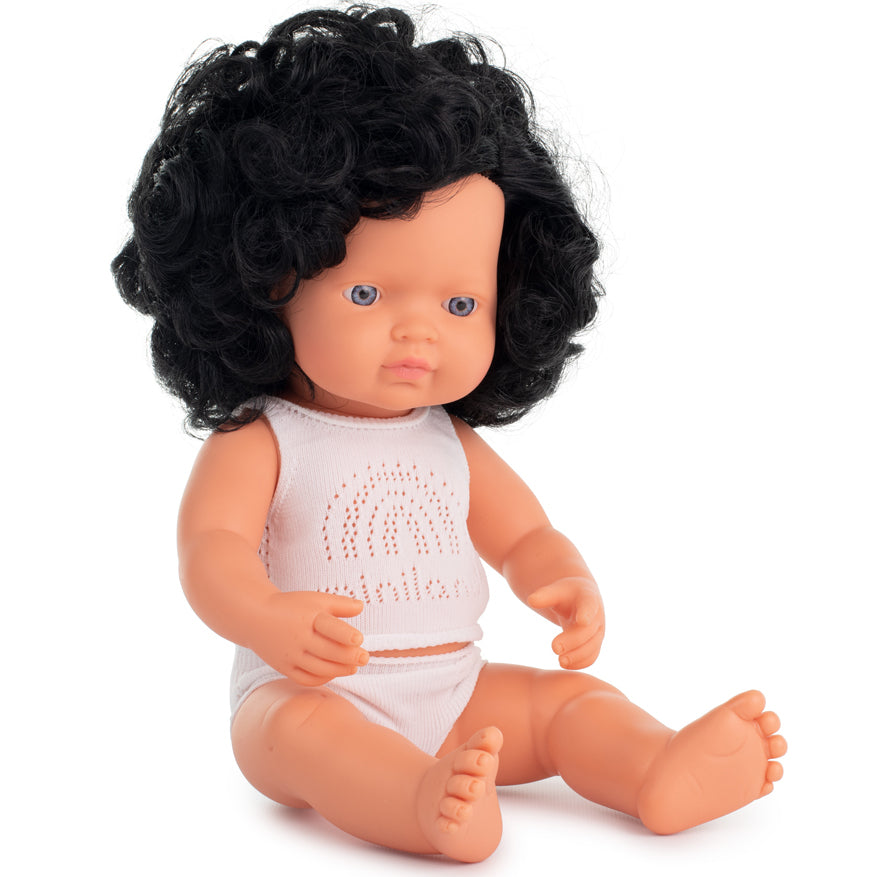 Puppe schwarze Locken, blaue Augen, 38cm, Miniland